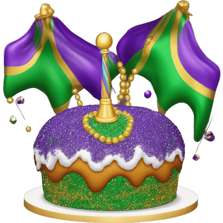 Realistic round bundt glitter icing king cake isolated with Mardi Gras beads layer across the top of the cake.  emoji