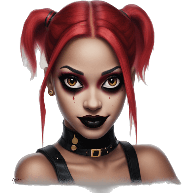 Mario Rihanna in Harley Quinn style, oil paint, mysterious eyes, intricate lips, masterpiece portrait, odd perspective, beautiful, desirable, logical emoji