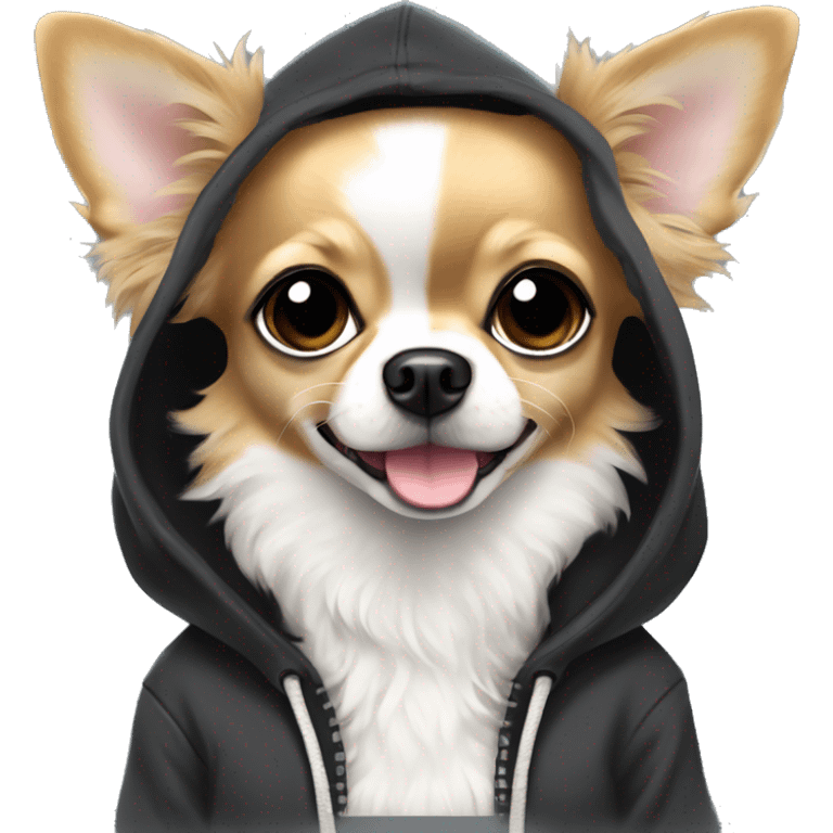 fluffy Chihuahua breed dog black with a white muzzle girl in a hoodie emoji