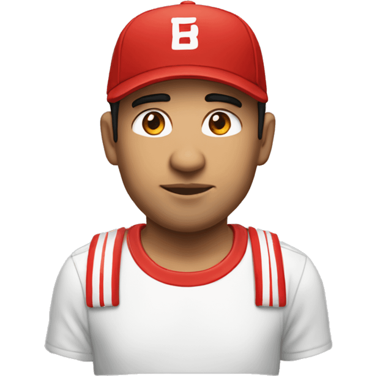 Man, male, young from about 30 to 40 years old, of Latin descent, with a t-shirt composed of red and white sticks vertically and a red cap emoji