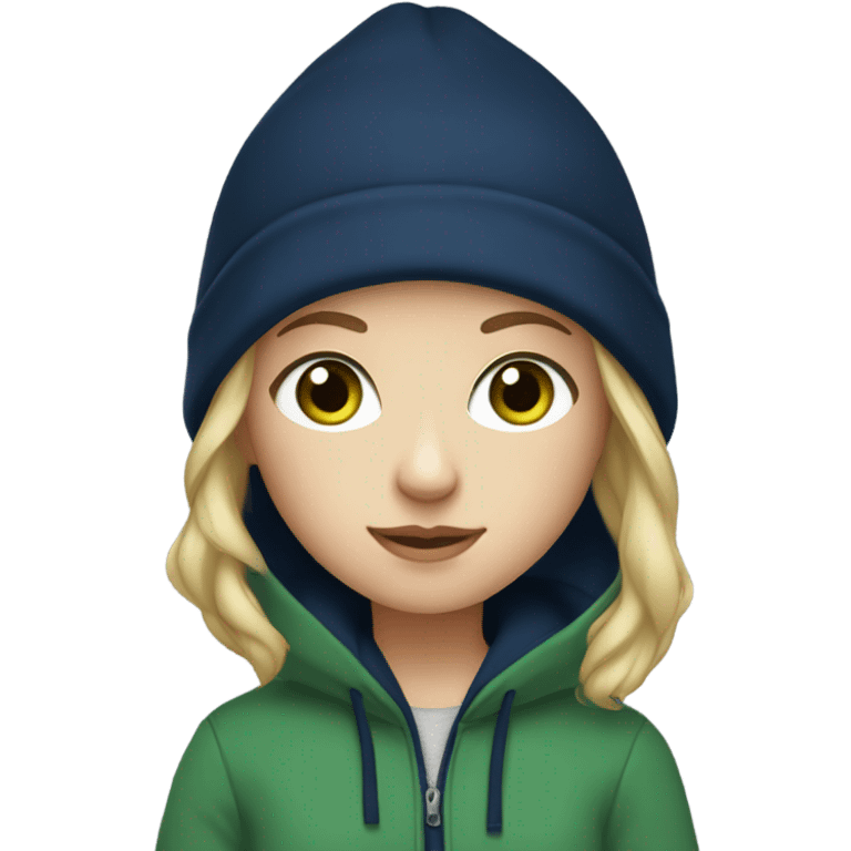 A white girl with blonde short hair and green eyes wearing a navy blue hoodie  emoji