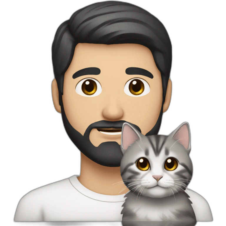 Uzbek white guy with beard and short black hair and brown eyes carrying a mostly grey and little bit of white Siberian cat emoji