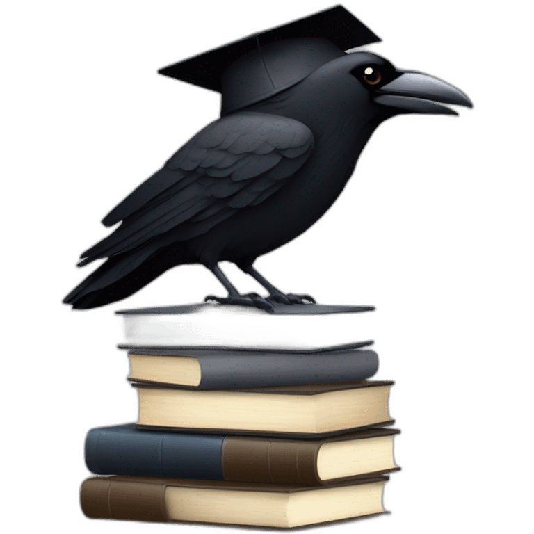 raven in student cap with a stack of gray and brown books emoji