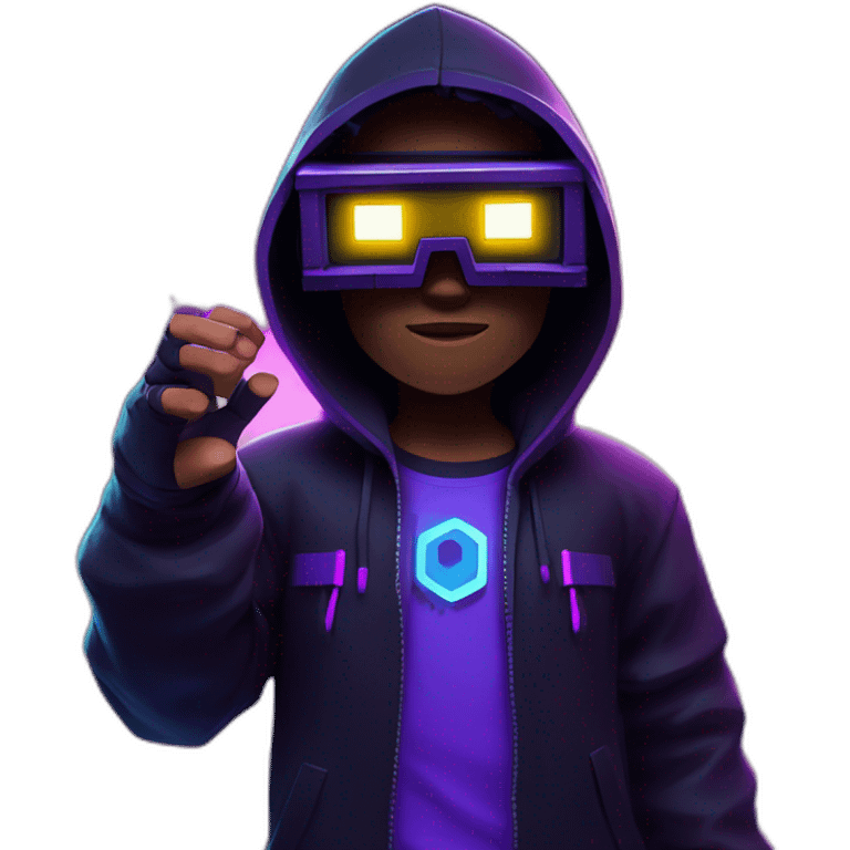 Minecraft hero wearing a black hoodie with "OMG" letters on it and VR headset in a cyberpunk VR environment with violet neon lighting. emoji