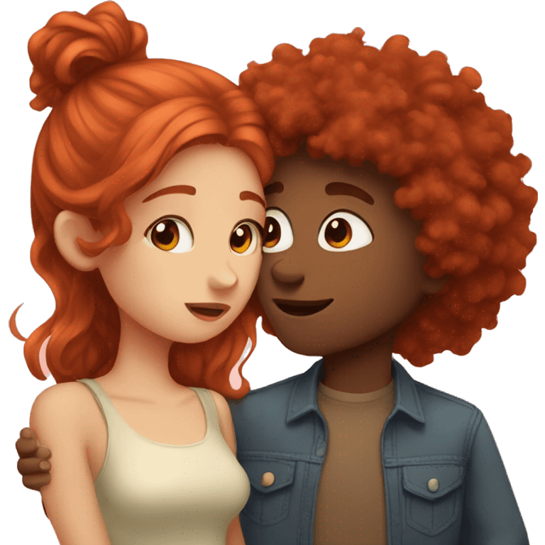 Girl with red hair kissing boy with brown fluffy hair emoji