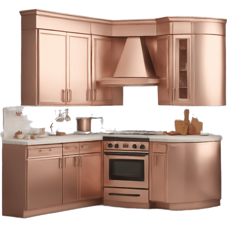 Realistic rose gold corner kitchen with cabinets.  emoji