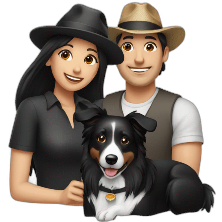 group consisting of man in hat and woman with black ponytail long hair and small black border collie dog emoji