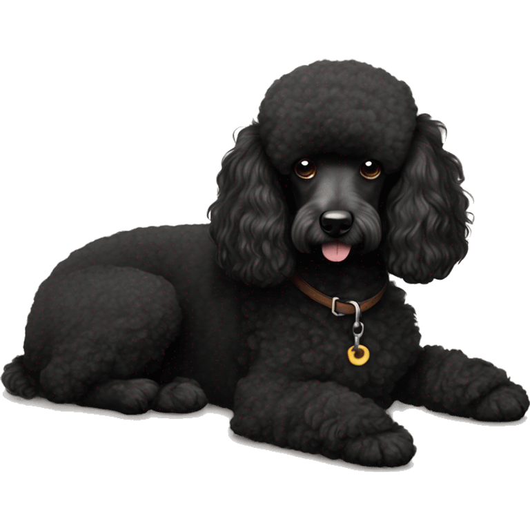 3 legs One Small unshaved Black Poodle with brown harness is  sleeping emoji