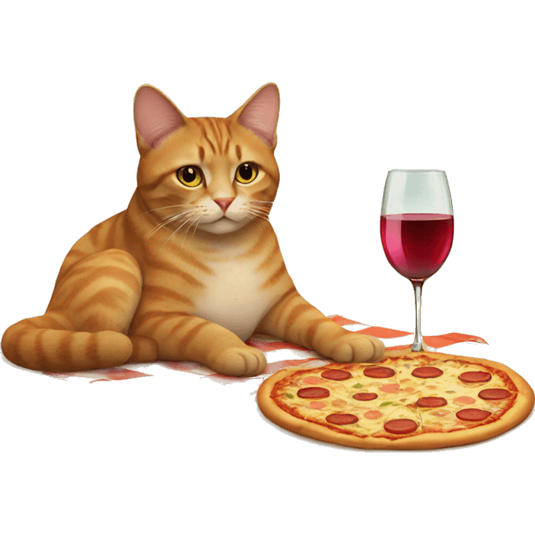 A cat with Wine on the beach with pizza  emoji