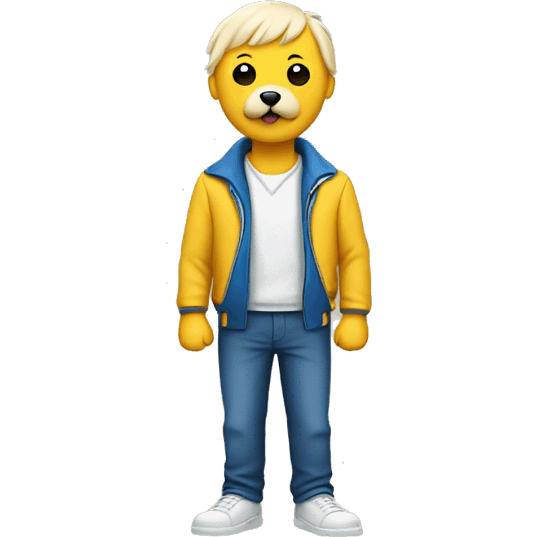 A white yellow guy with a blue jacket with a dog bone with a cute white dog on the side  emoji