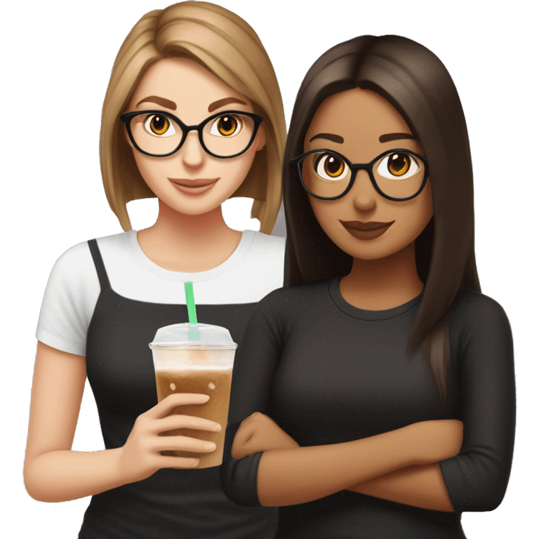 White girl with librarian glasses, a black shirt, long straight brown hair in a low ponytail drinking an iced coffee from dunkin emoji