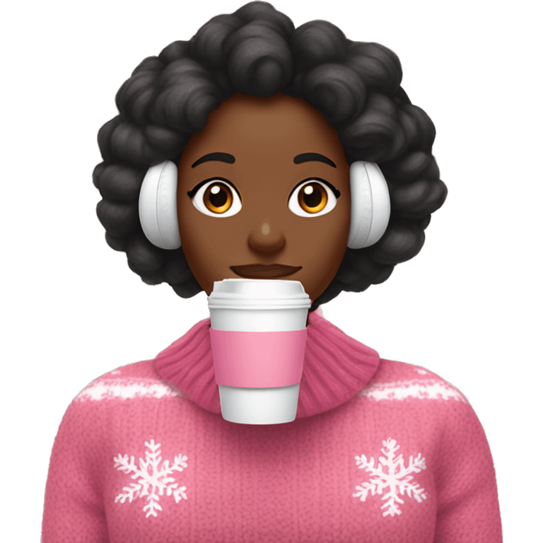 A black girl with a silk press holding coffee and wearing pink AirPods Max and wearing a Christmas jumper emoji