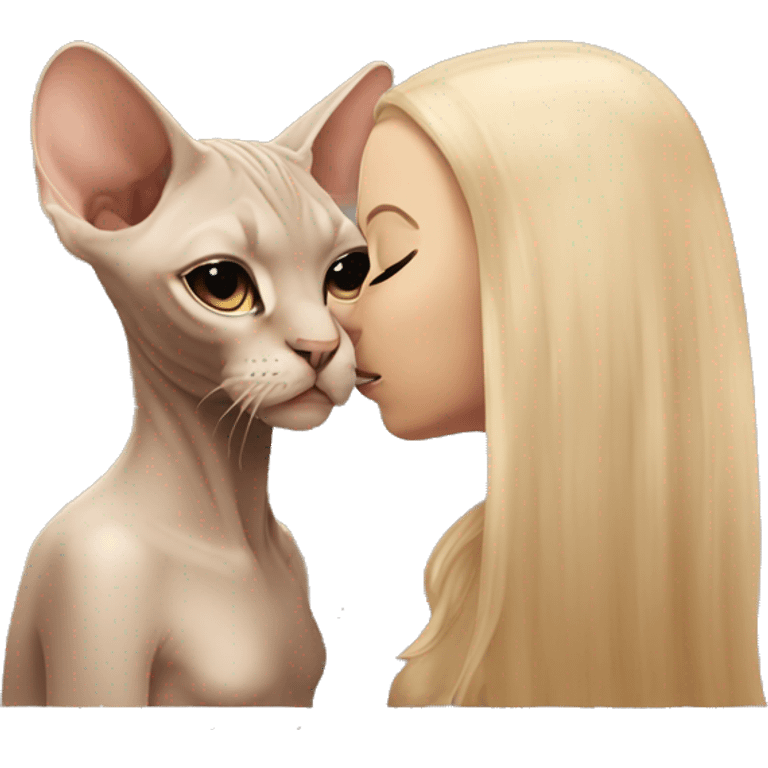 beige Sphinx cat and girl with long hair kissing it emoji