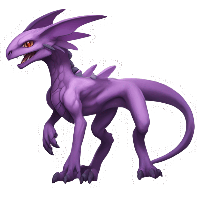 Mauve-violet-colored anthro genesect-raptor-dragonkin-scalie-sona-Fakémon-hybrid with a mane on head and back full body emoji