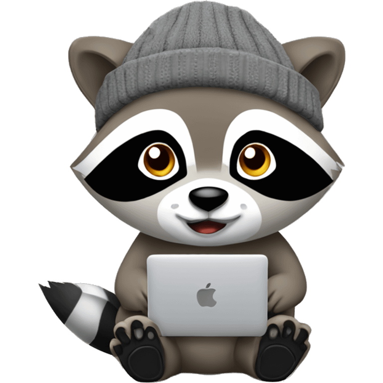 Racoon with grey beanie stting by computer emoji