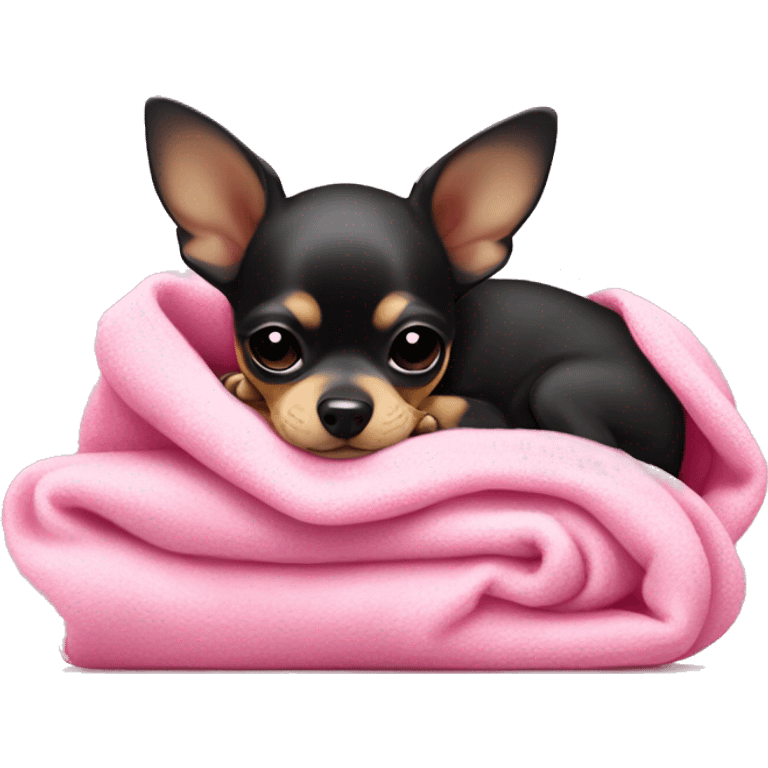 black & tan chihuahua puppy sleeping with a pink blanket  emoji