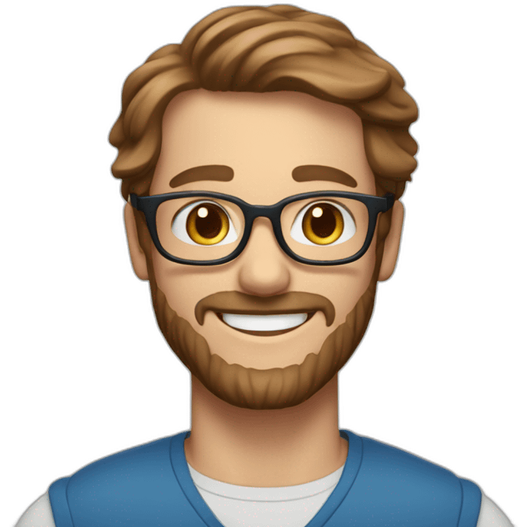 a Scandinavian man with blue eyes long brown hair a beard red glasses and a big smile emoji