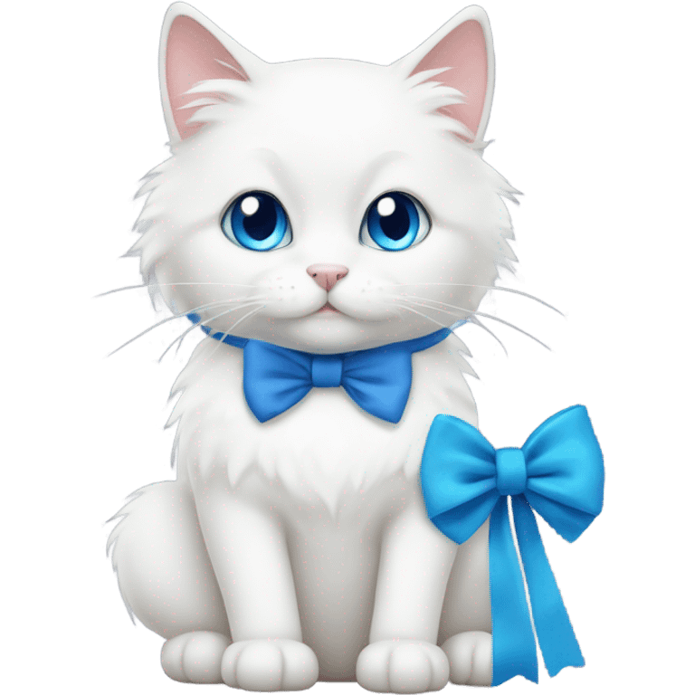 A fluffy white cat with blue eyes sitting with a bow on the left ear emoji