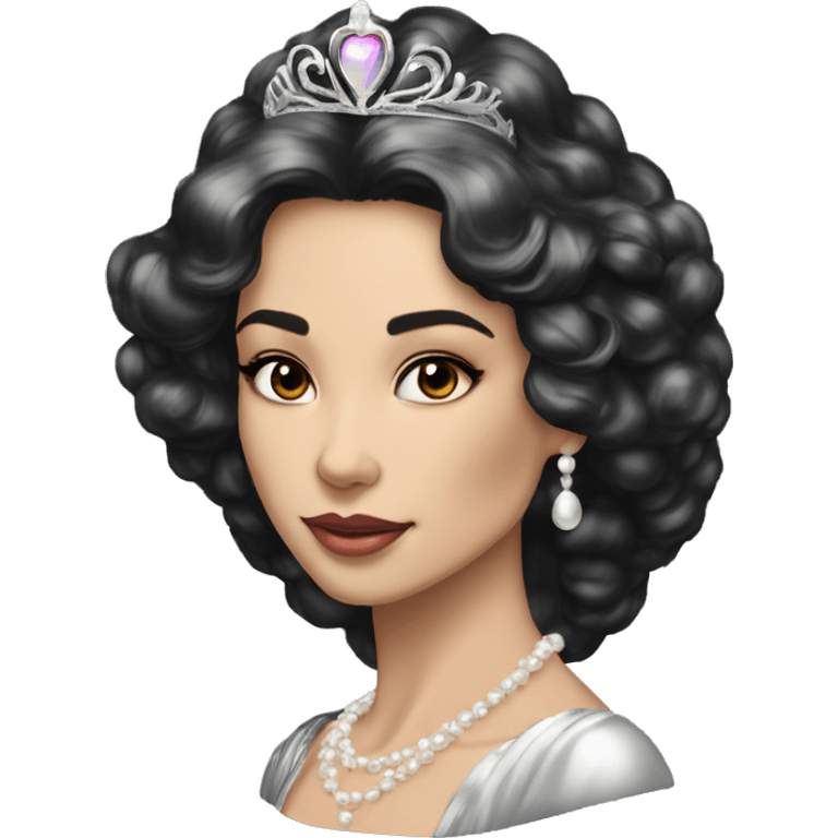 Regal pretty woman cheekbones crown vintage with very long iridescent black and silver hair wavy black hair pearl crown iridescent emoji