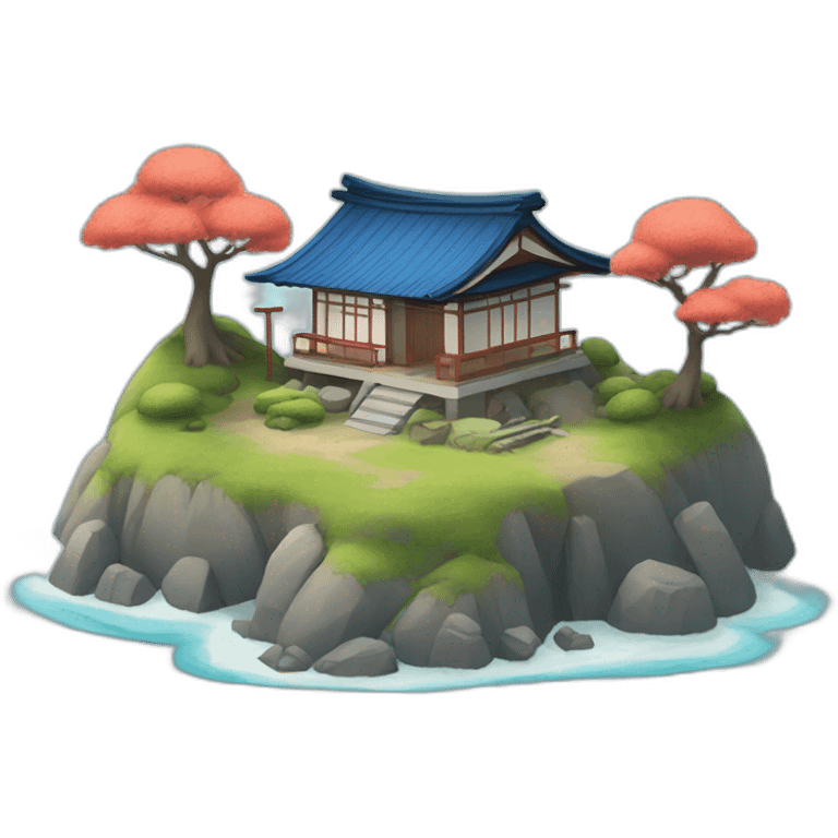 Small Japanese house with a blue roof and a torii gate on an island emoji