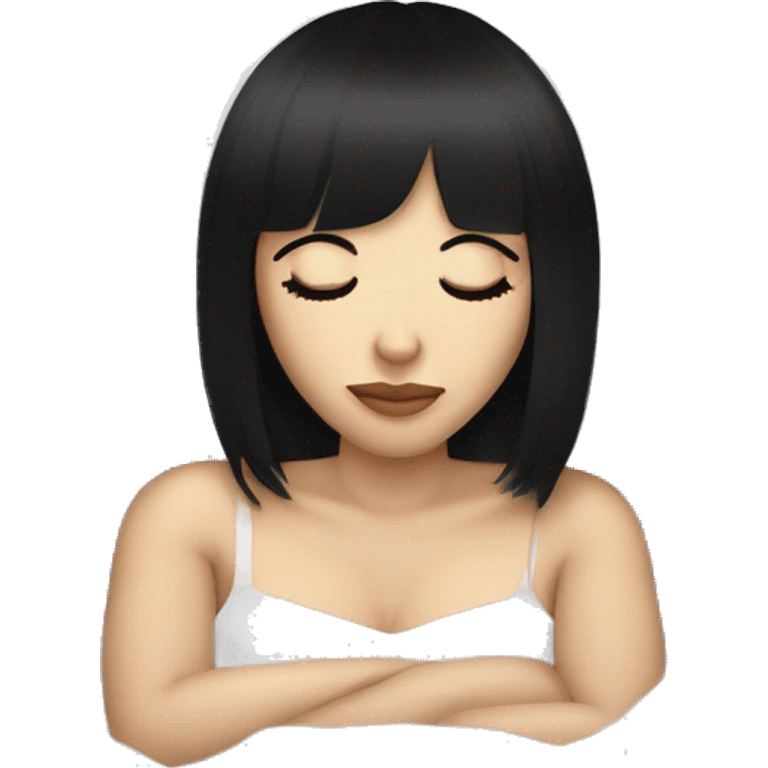 Woman pale skin black hair with bangs sleeping in bed with pillow, white woman emoji