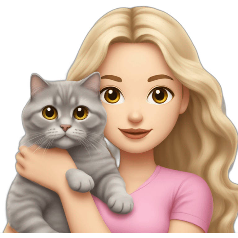 woman with grey eyes and long wavy blonde hair and in a pink shirt is holding a very fluffy and fat grey Scottish fold cat emoji