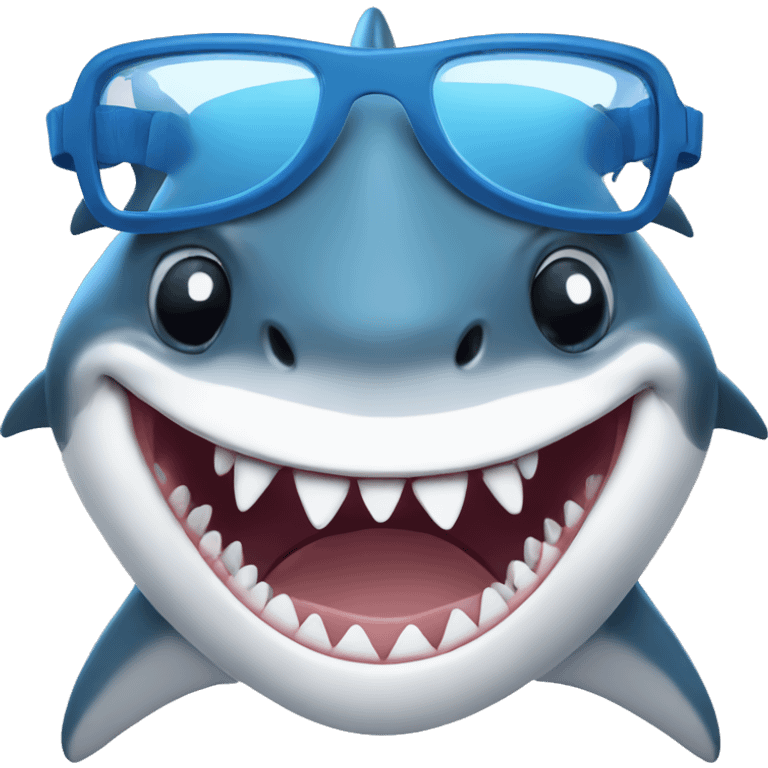 Shark looking happy, wearing a cap and blue glasses emoji