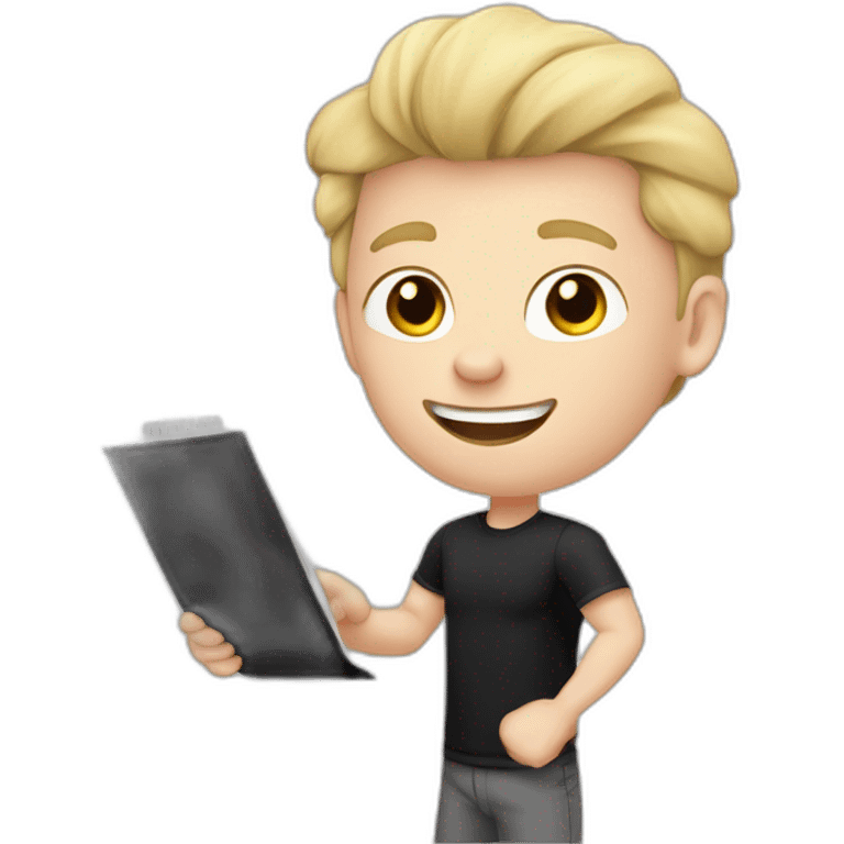 Pale skinned Fit Man With the biceps and blonde hair in black shirt, gray sports shorts and white Sneakers Writing text on the flipchart emoji