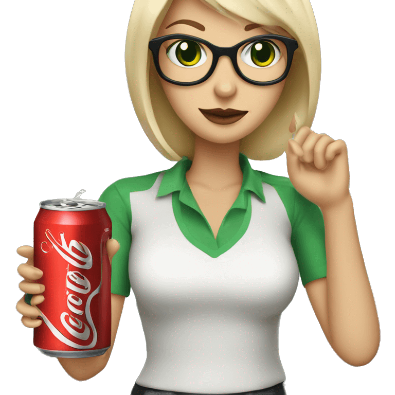 Blonde woman wearing glasses with green eyes holding a black cat and a can of Diet Coke  emoji