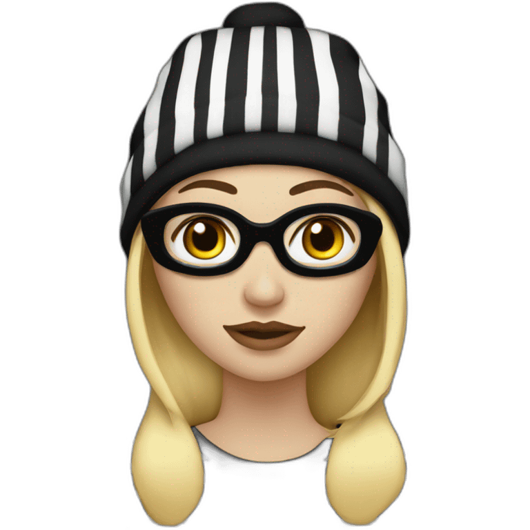 blonde woman in fully black beanie hat, black eye mask and striped shirt emoji