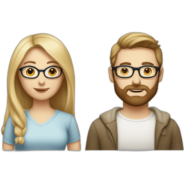 White-skinned woman without glasses with big eyes, blonde and square hair, and her husband with white skin and glasses with brown beard and hair emoji