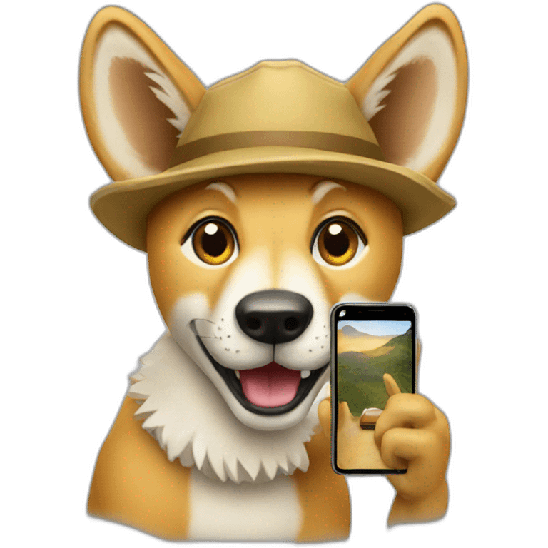 A dingo taking a picture with a phone emoji