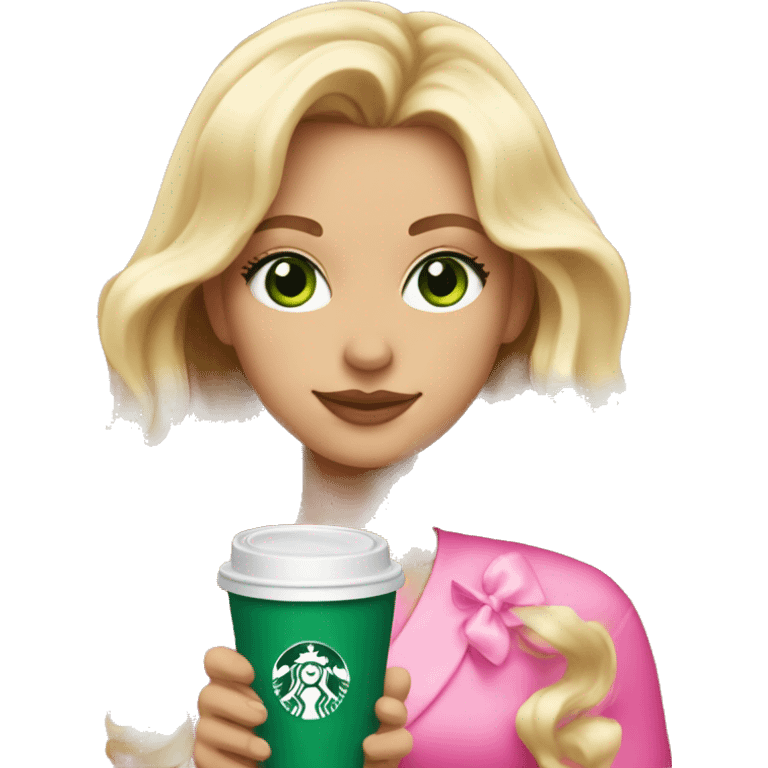 blonde with bright green eyes drinking pink starbucks wearing a pink bow in long wavy blonde hair emoji