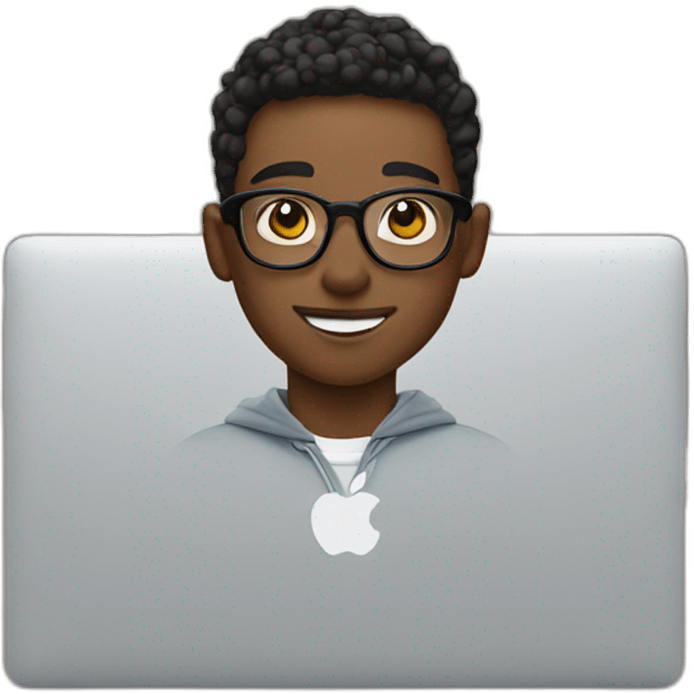 boy with transparent specs wearing airpods in front of macbook emoji