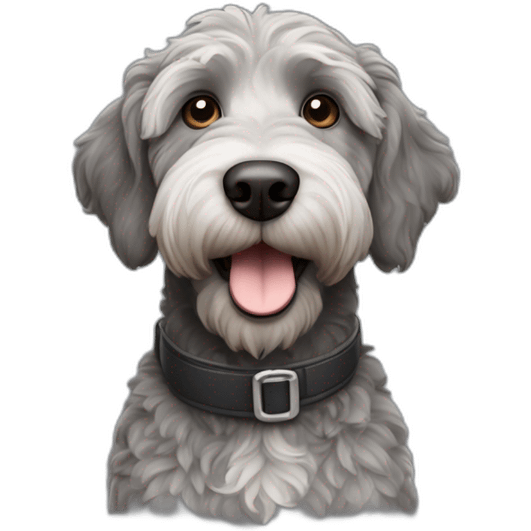 black and grey labradoodle dog's face with short ears and a long nose and a pilot cap on emoji