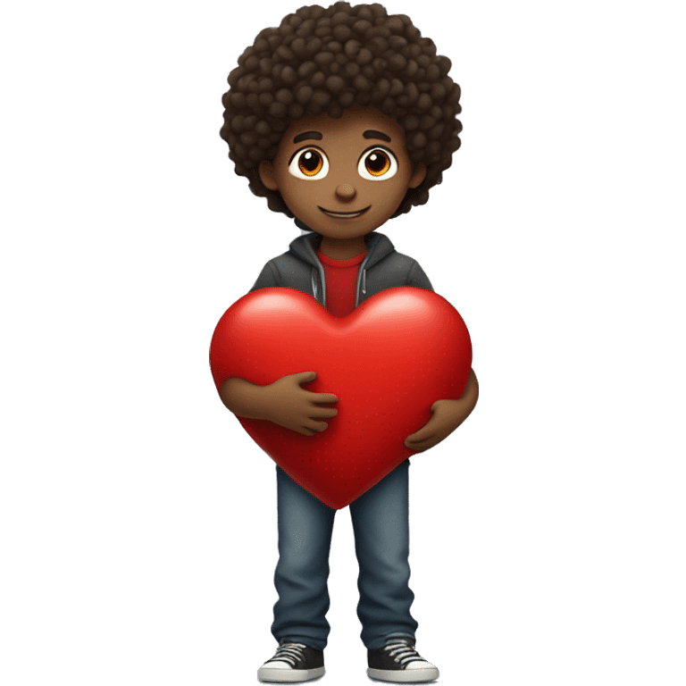 Curly boy holding a big red heart emoji