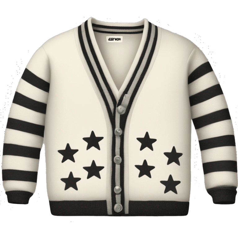 Off-white cardigan with black stripes on the seems, with three gray stars on each sleeve  emoji