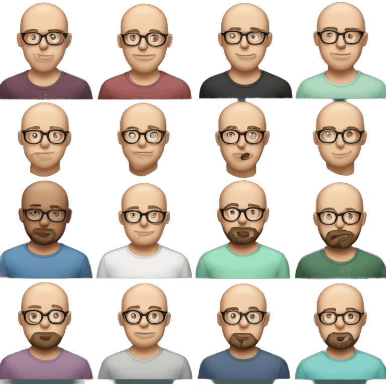 genterate emoji of m pettern bald men with specs and trimmed beard round neck emrald color shirt age 26 emoji