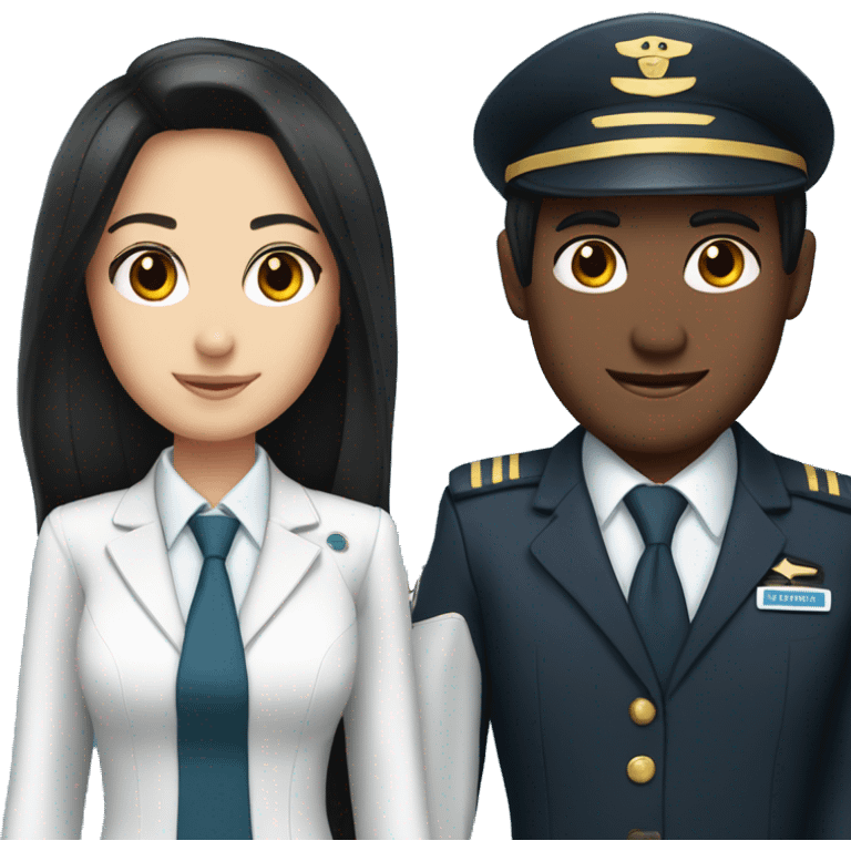 Flight attendant with long black hair and white skin with a pilot man with black hair emoji