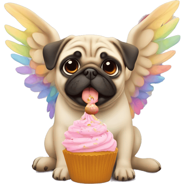 Pug on a rainbow eating a cupcake with wings  emoji