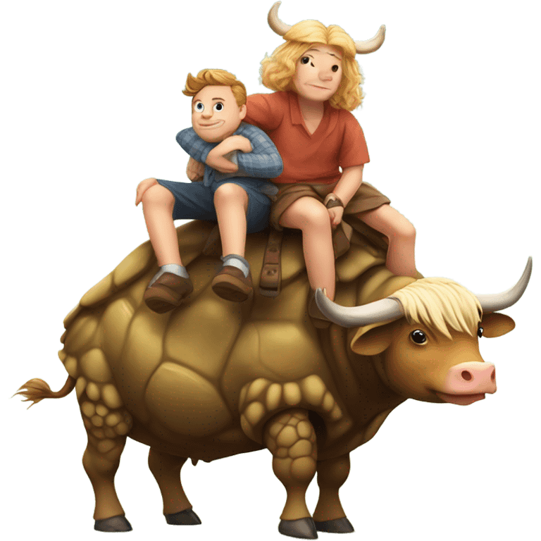 turtle getting a piggy back ride from a highland cow emoji