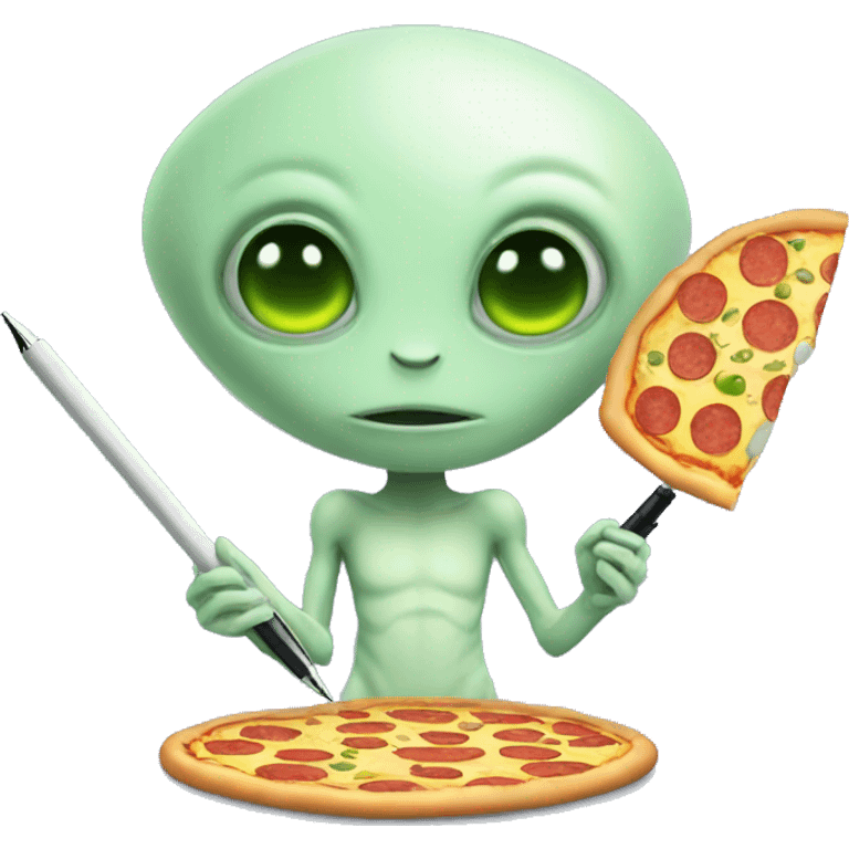 cute alien holding a pen and pizza in other hand emoji