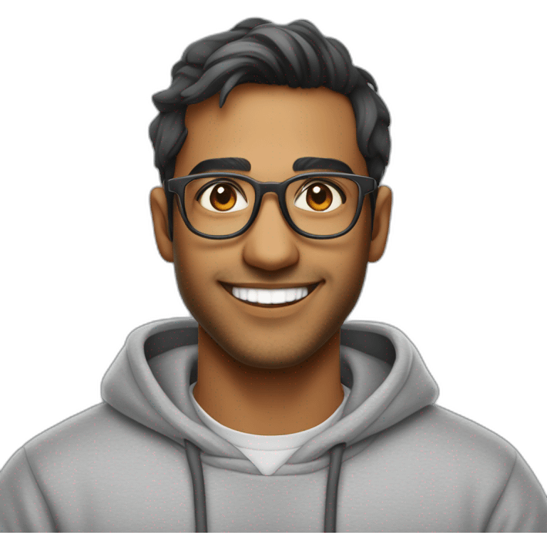 25 year old indian silicon valley creator economy startup founder smiling wearing glasses in a gray sweatshirt emoji