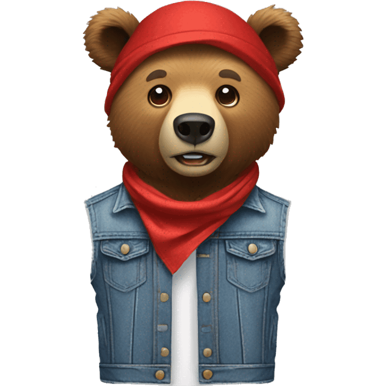 grizzly bear wearing sleeveless jean jacket and red bandana around head with open mouth emoji