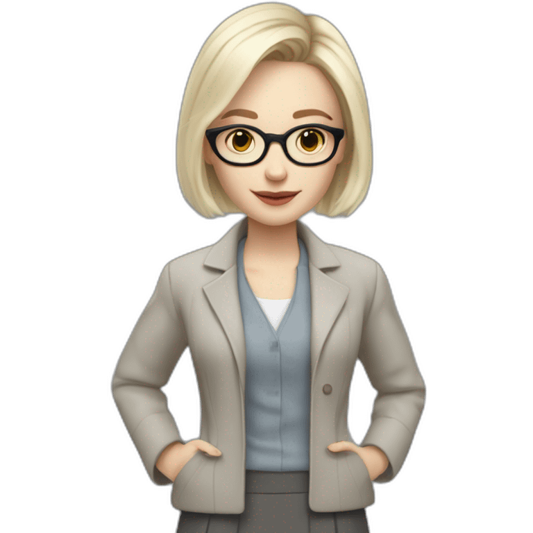 full height pale skin woman with cold blonde straight hair, care haircut, White blouse, Gray oversize jacket, Gray skirt and glasses in a thin rim holding a color palette in the hands emoji