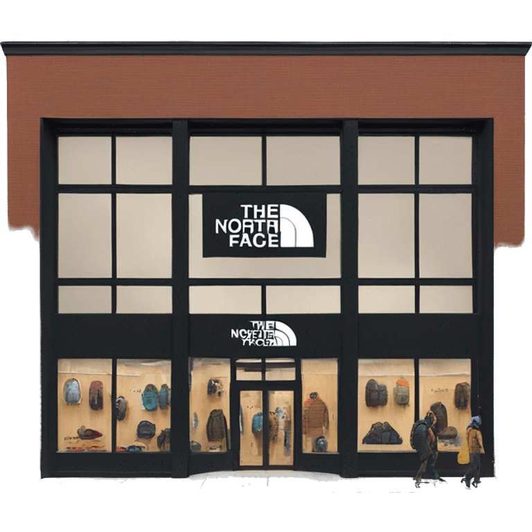 “The North Face store exterior with a rugged, modern facade, the iconic logo displayed prominently, large windows showcasing outdoor gear, and a natural, adventurous vibe.” emoji