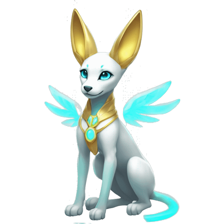 Shiny White Angelic Godly Ethereal Majestic Electric Albino Umbreon. cyan eyes and cyan markings. Golden Anubis-rings. full body emoji