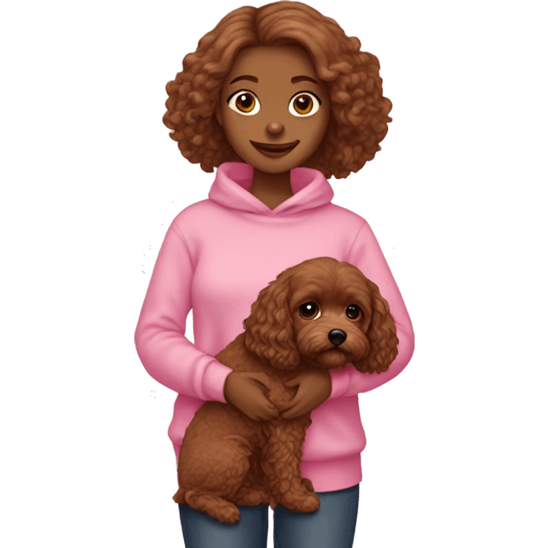 Girl holding all brown Cavapoo with pink sweaters on emoji