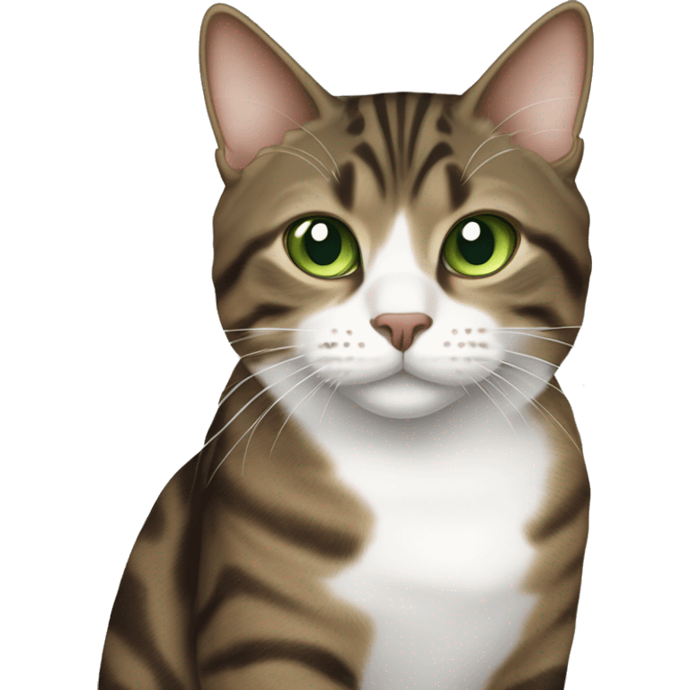 Brown mackerel tabby cat with partially white face and green eyes emoji