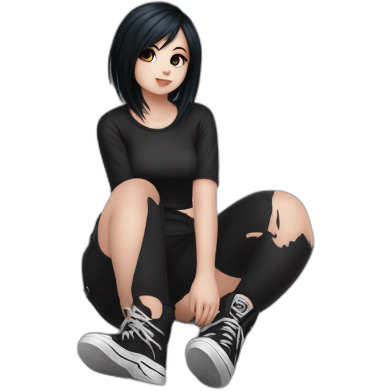 Full body curvy emo girl sits on the floor черная юбка белые трусики рваные полосатые чулки emoji